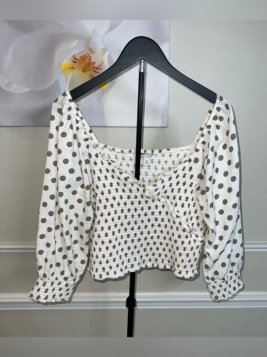 Cato Tops - CATO Polka Dot Long Sleeve Green & White Smocked Cropped Blouse! Size XL.